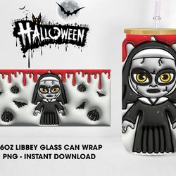 Inflated Halloween Glass Wrap Png, Killer Horror 16oz Libbey Glass Can Wrap Png, Halloween Nun Glass Can Wrap