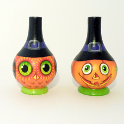 Funny Halloween whistle . Wooden Pumpkin and Owl Shaped Whistle . set of 2 figures . Jack-o'-lantern and orange owl