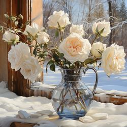 Winter's Whisper: The Ballet of White Roses and Porcelain in Snowy Light