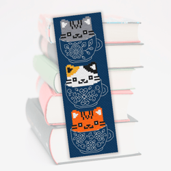 Cross stitch bookmark pattern Kittens, Cat in the cup, Blackwork cross stitch pattern, Gift for Cats lover