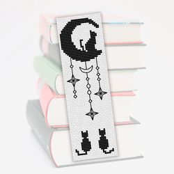 Cross stitch bookmark pattern Cat and Moon, Monochrome, Cute bookmark, Blackwork cross stitch pattern