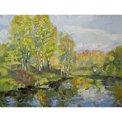 Nature Lake Painting Spring Landscape Original Artwork Plein Air Impressionism Wall Art