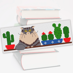 Cross stitch bookmark pattern Cat and Cacti, Digital embroidery pattern, Cat Bookmark cross stitch, Gift for book lover