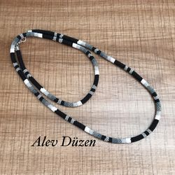 Extra long Native American Style Necklace, Black white Necklace, Southwest Necklace, Ethnic Beadwork Necklace, Native Be