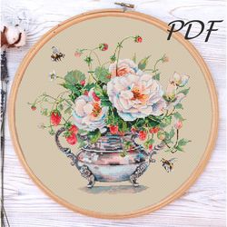 Cross stitch pattern pdf Tea roses and strawberries (with bumblebees) cross stitch pattern pdf design for embroidery
