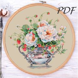 Cross stitch pattern pdf Tea roses and strawberries cross stitch pattern pdf design for embroidery