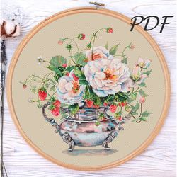 cross stitch pattern pdf tea roses and strawberries cross stitch pattern pdf design for embroidery