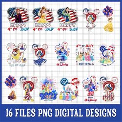 Bundle 16 Files Princess Design 4th Of July Png, Cartoon character Princess Synthetic Happy 4th Of July Png, Instant Dow