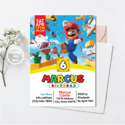 personalized file super mario birthday invitation, mario bros birthday invitation digital invitation png file only