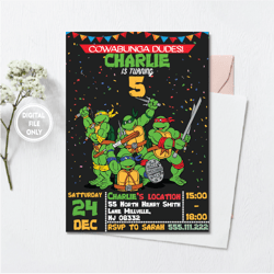 personalized file turtle birthday invitation | printable ninja invite, turtle evite invitation png file only