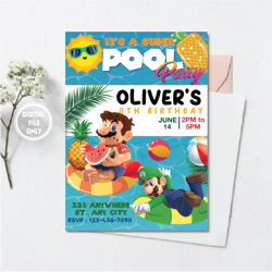 personalized file super mario birthday invitation, mario party invite, pool party invitation png file only