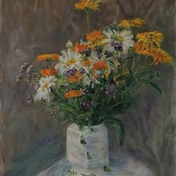 Oil painting flowers chamomile original art