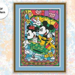 Stained glass cross stitch pattern "Mickey & Minnie" SG014 - xstitch chart, cartoons and movies cross stitch characters