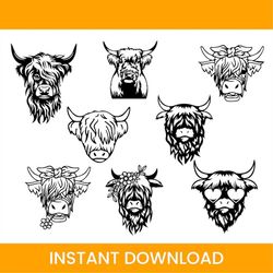 highland cow svg, highland cow 8 pieces design svg, highland cow head svg png highland cor with flower svg png, cow face