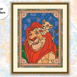 Stained glass cross stitch pattern "Lions" SG022 - xstitch chart, cartoons and movies cross stitch characters