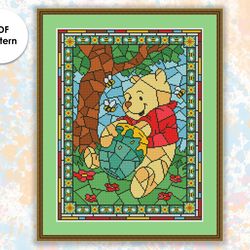 Stained glass cross stitch pattern "Winnie & honey" SG023 - xstitch chart, cartoons and movies cross stitch characters