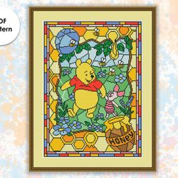 Stained glass cross stitch pattern "Winnie & Piglet" SG031 - xstitch chart, cartoons and movies cross stitch characters