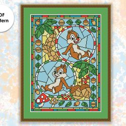 Stained glass cross stitch pattern "Chipmunks" SG033 - xstitch chart, cartoons and movies cross stitch characters