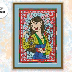 Stained glass cross stitch pattern "Mulan" SG044 - xstitch chart, cartoons and movies cross stitch character