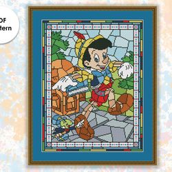 Stained glass cross stitch pattern "Pinoccio" SG045 - xstitch chart, cartoons and movies cross stitch character