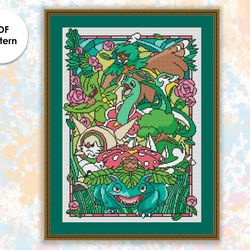 Stained glass cross stitch pattern "Pokemons Grass" SG046 - xstitch chart, cartoons and movies cross stitch character