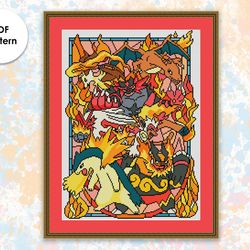 Stained glass cross stitch pattern "Pokemons Fire" SG047- xstitch chart, cartoons and movies cross stitch character