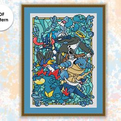 Stained glass cross stitch pattern "Pokemons Water" SG048- xstitch chart, cartoons and movies cross stitch character