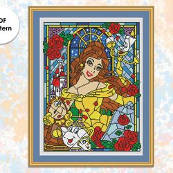 Stained glass cross stitch pattern "Belle" SG049- xstitch chart, cartoons and movies cross stitch character