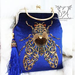 Cicada Fur Heart  Velvet Handle Handbag-Luxury Beads Embroidery  Blue Clutch