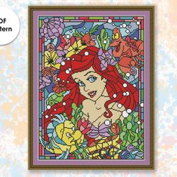 Stained glass cross stitch pattern "Ariel" SG051- xstitch chart, cartoons and movies cross stitch character