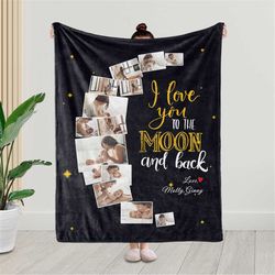i love you to the moon and back blanket for mother, custom mothers day blanket, personalized mother birthday gift for mo