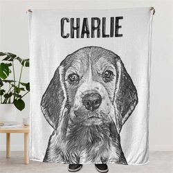 Custom Sketch Dog Photo Blanket, Dog Cat Pet Picture Blanket, Black and White, Pencil Sketch Effect, Birthday Gifts for