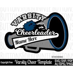 varsity cheerleader svg, cheer svg, template, cheer mom, cheer shirt svg, cut file, iron on, cricut, cheer name, cheer d