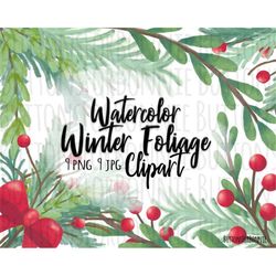 watercolor, winter foliage, leaves, evergreen, clipart, christmas, christmas diy, berries, png, jpg, bow, winter waterco