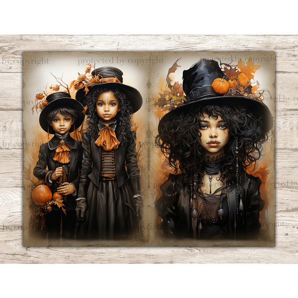Halloween Watercolor Junk Journal Pages. Vintage Gothic Diary Pages. A black brunette in a Victorian dress and a hat with orange pumpkins. Black children in Hal