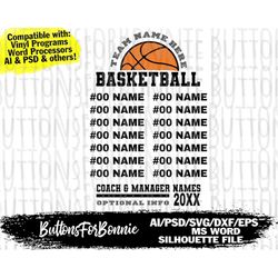 basketball team svg, template, back of shirt svg, team members svg, cut file, basketball shirt, basketball, cricut, edit