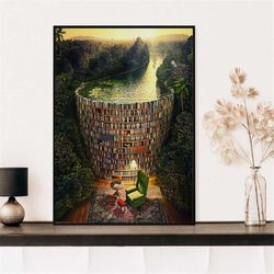 surreal library poster, library print, library wall decoration, books poster, reading book lovers, bookish gift, books w