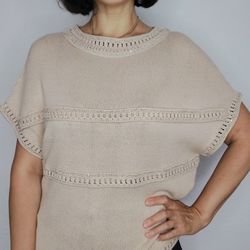 Women's jumper oversized, hand knitted top women, women's knitted blouse, women's elegant light beige t-shirt  M L size