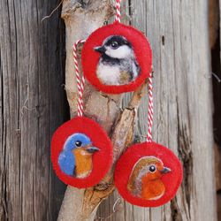 Set of three birds felt Christmas ornament, robin ornament, bluebird ornament, chickadee ornament