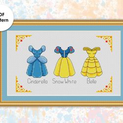 Princesses outfits cross stitch pattern  "Cinderella, Snow White, Belle" PD001 - xstitch chart princess dresses sampler