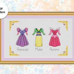 Princesses outfits cross stitch pattern  "Rapunzel, Mulan, Aurora"  PD003 - xstitch chart princess dresses sampler