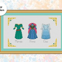 Princesses outfits cross stitch pattern  "Merida, Anna, Elsa" PD004 - xstitch chart princess dresses sampler