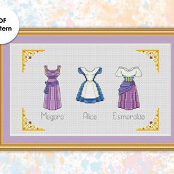 Princesses outfits cross stitch pattern  "Megara, Alice, Esmeralda" PD006 - xstitch chart princess dresses sampler