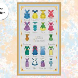 Princesses outfits cross stitch pattern  "All princesses" 2 versions - xstitch chart princess dresses sampler