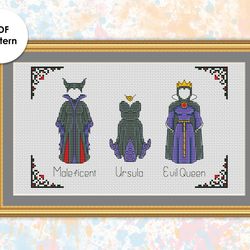 Villains Outfits cross stitch pattern  "Maleficent, Ursula, Evil Queen" VD001 - xstitch chart Villains dresses sampler