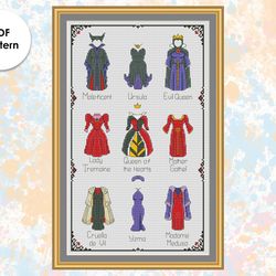 Villains Outfits cross stitch pattern  "All villains sampler"  - xstitch chart Villains dresses sampler