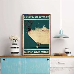 pot head girl music easily distracted by music and wine bathroom poster, pot head girl in bathturb art, girl with wine w