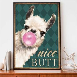 llama alpaca nice butt poster, vintage llama bubble gum wall art, llama bathroom poster