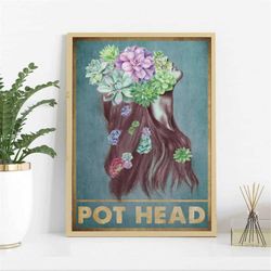 pot head plant succulent flowers poster, gardening lady vintage poster, cool pot head wall art, plant lovers gift