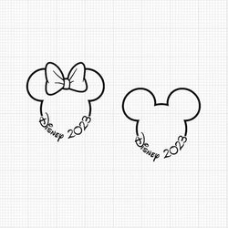 2023, mickey minnie mouse, ears bow, outline, travel, trip, vacation, svg png dxf formats, cut, cricut, silhouette, inst